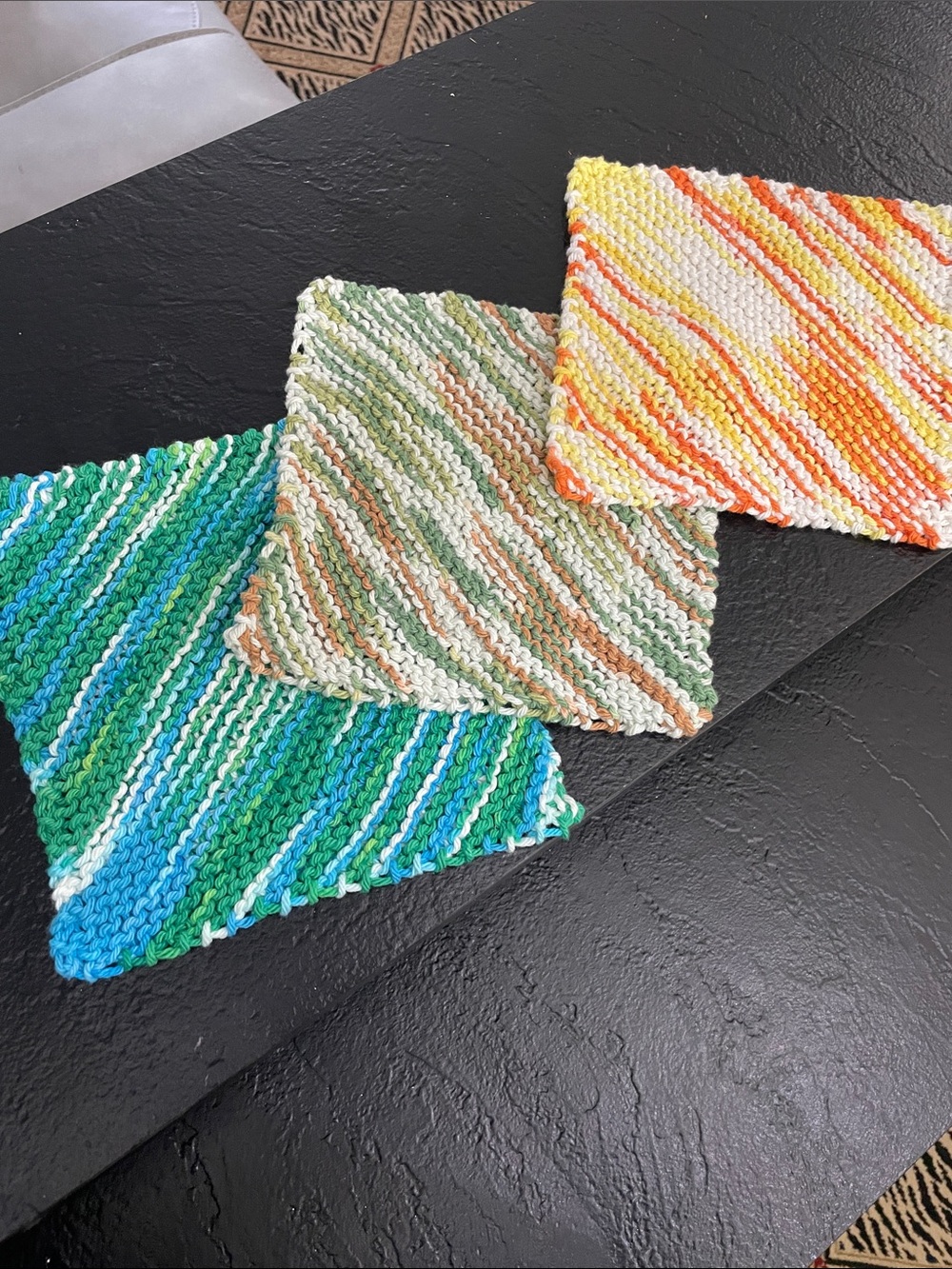 Handmade Knit Dishcloth Set - Green, Neutral, Yellow-Orange approx. 7x7